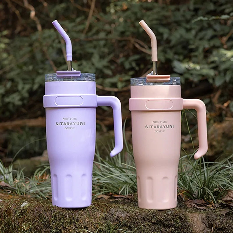 1100ml/38oz Sublimation Tumbler with Hanlde and Straw Portable Car Cup Thermos Water Bottles Stainless Steel Mug Vaccum Flask