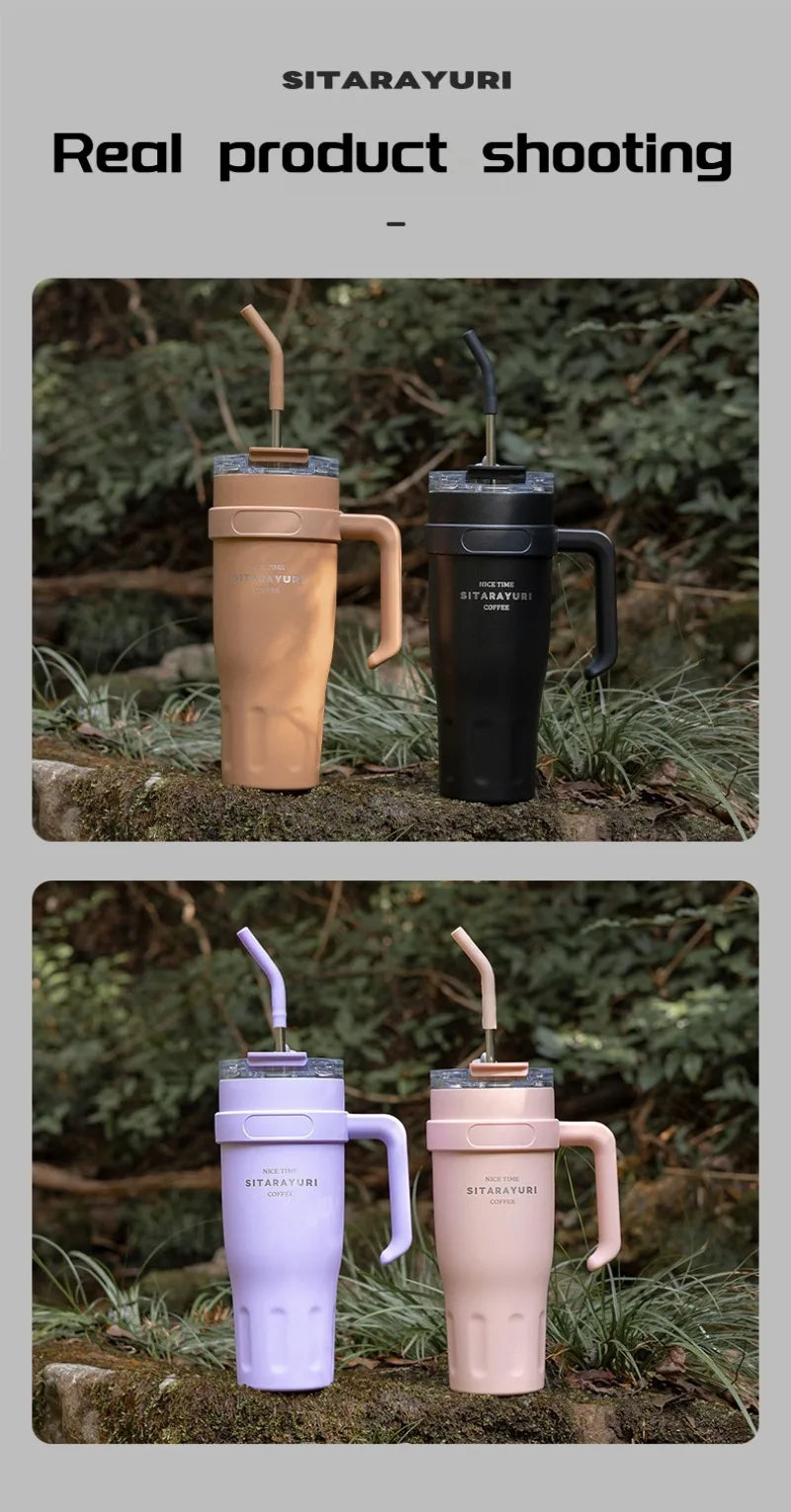 1100ml/38oz Sublimation Tumbler with Hanlde and Straw Portable Car Cup Thermos Water Bottles Stainless Steel Mug Vaccum Flask